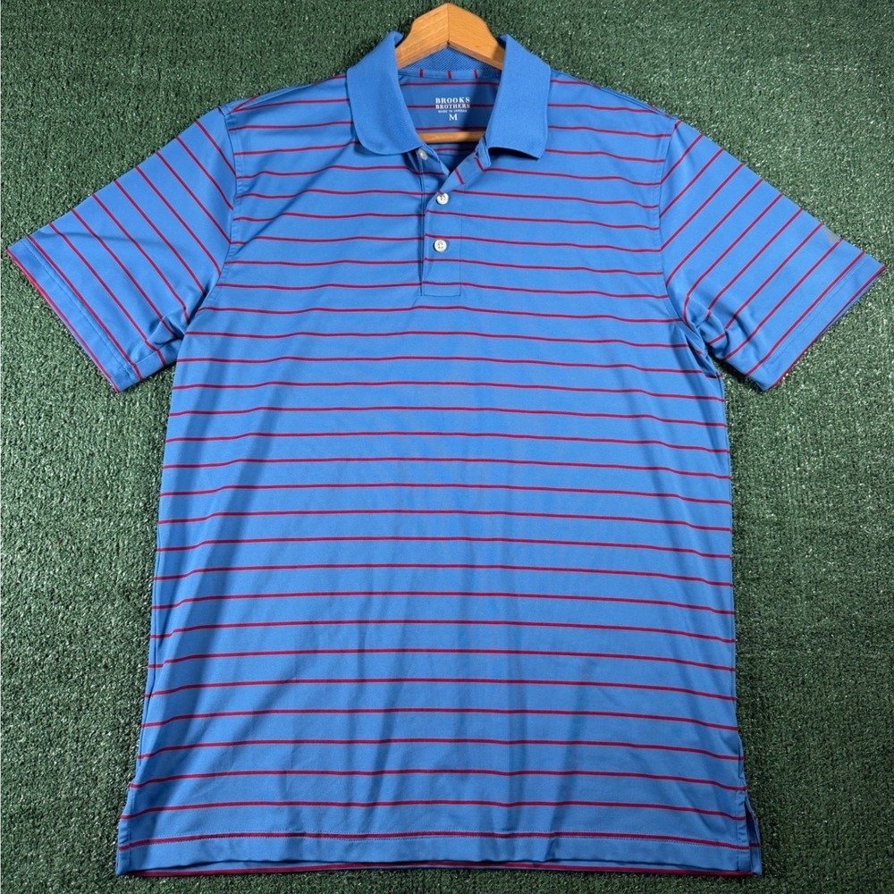 Brooks Brothers Polo Shirt Mens Medium Blue Red Striped Performance‎ Golf